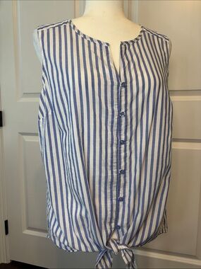 Source Unknown Blue and White Striped Tie-Front Sleeveless Blouse